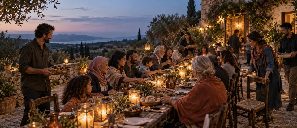 An illustrated gathering around a shared table