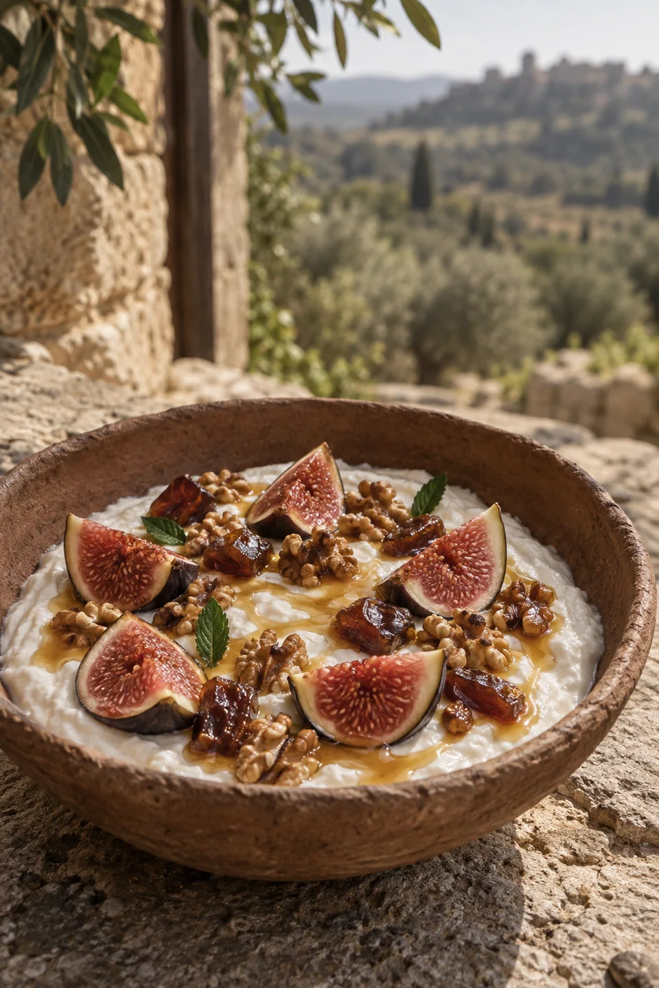 Cultured milk with figs, dates, honey, walnuts and mint