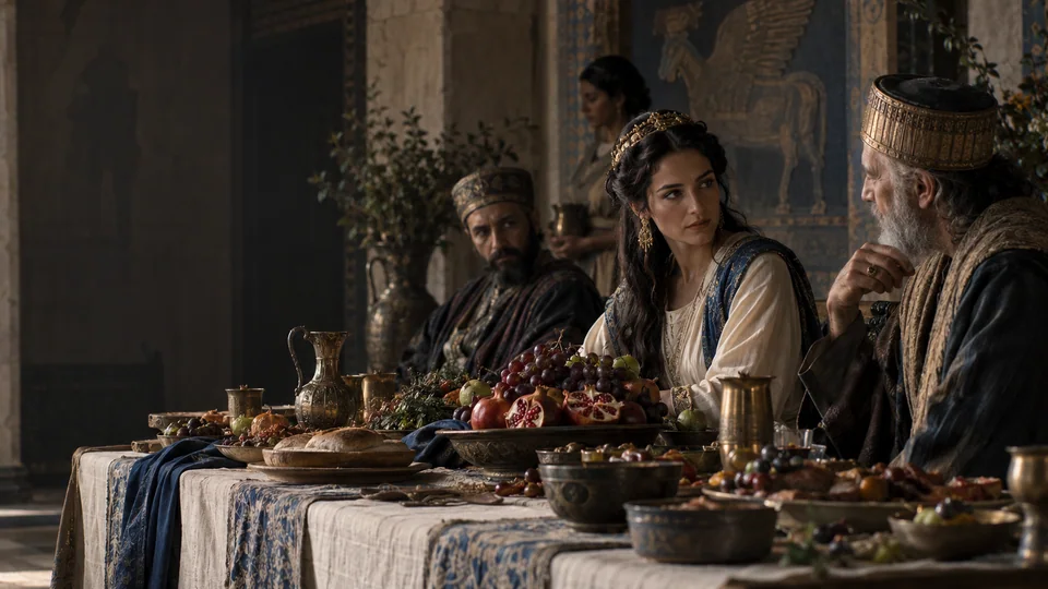 Esther and her guests during a banquet