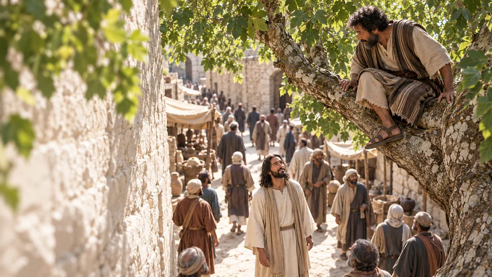 Zacchaeus in the sycamore tree meets Jesus’s gaze above a lively street in Jericho